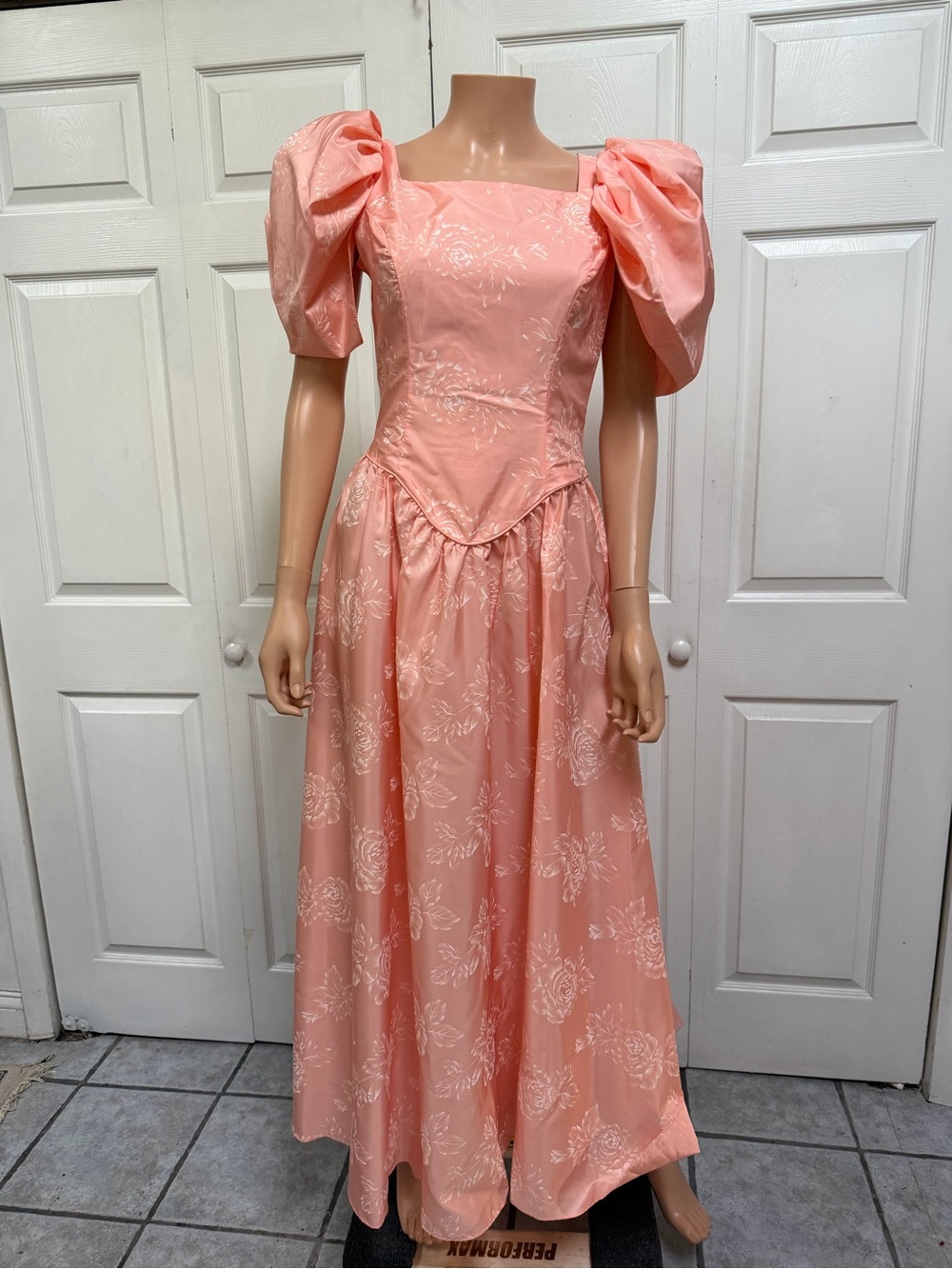 Peach Puff-Sleeve Prom Gown with Floral Jacquard Size Medium